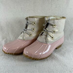 Jack Rogers ‘Chloe’ Rain Boots in Pink Shimmer / Gold Leather - size 8
